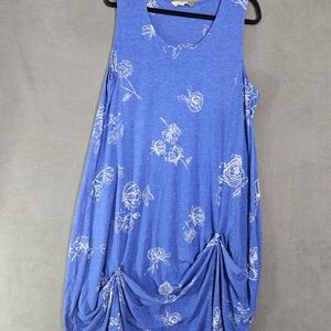 Chalet et Ceci Blue Tank Crinkle CrewNeck Maxi Dress Flow XL Lagenlook Artsy
